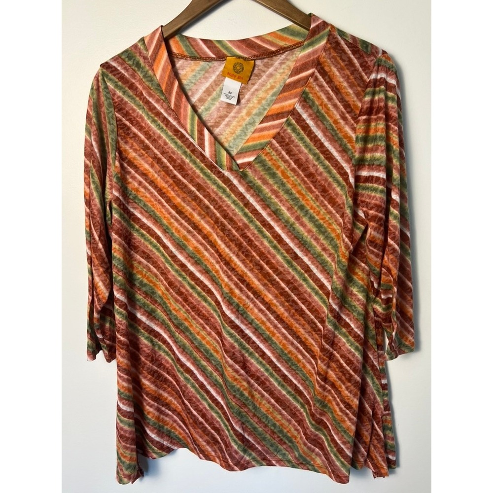 Ruby Rd Top Wm M Multicolor Diagonal Stripe V-Neck 3/4 Sleeve Blouse Boho Hippie